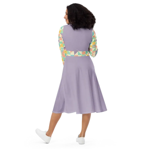 Pastel Geometric Pattern Sleeve Midi Dress Fitted Waist - Dipaliz - Dresses