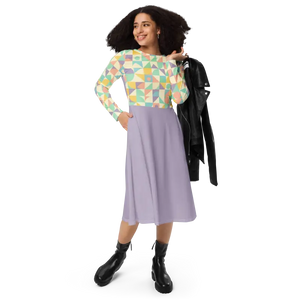 Pastel Geometric Pattern Sleeve Midi Dress Fitted Waist - Dipaliz - 2xs - Dresses