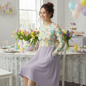 Pastel Geometric Pattern Sleeve Midi – Fitted Waist - Dipaliz - Dresses - Xs