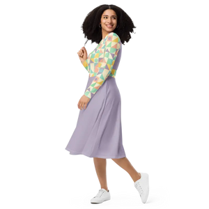 Pastel Geometric Pattern Sleeve Midi Dress Fitted Waist - Dipaliz - Dresses