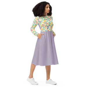 Pastel Geometric Pattern Sleeve Midi Dress Fitted Waist - Dipaliz - Dresses