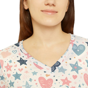 Pastel Hearts & Stars Women’s Long Sleeve V-neck Shirt (aop) - T-shirts - Xs