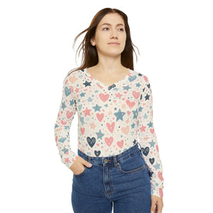 Pastel Hearts & Stars Women’s Long Sleeve V-neck Shirt (aop) - T-shirts - Xs