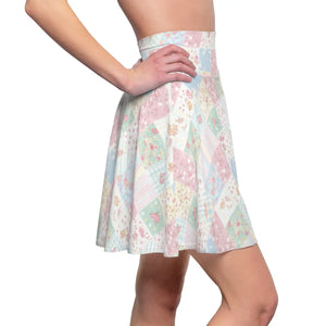 Pastel Patchwork Skater Skirt, Floral Quilt Print Women’s - Skirts