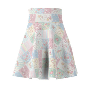 Pastel Patchwork Skater Skirt, Floral Quilt Print Women’s - Skirts