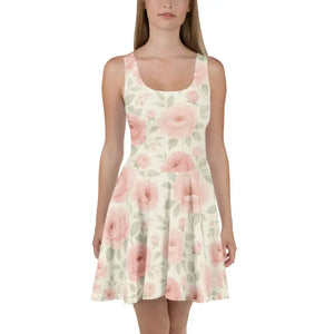 Skater Dress - Premium Quality Pastel Roses Print - Dipaliz - Xs - Dresses