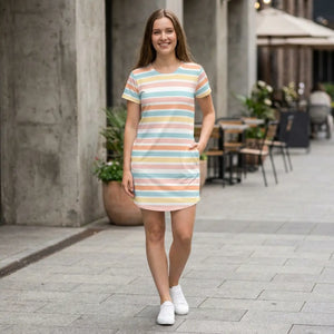 Pastel Striped T-shirt Dress - Summer Aop Shift - Dipaliz - Xs - Dresses