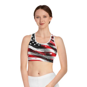 Blue Flag Print Patriotic Sports Bra Ultimate Support - Dipaliz - s / White Stitching - Bras