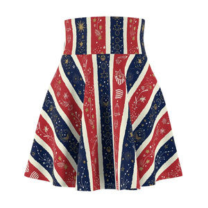 Patriotic Stars & Stripes Skater Skirt, Red White Blue Fourth of July Aop - Skirts