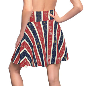 Patriotic Stars & Stripes Skater Skirt, Red White Blue Fourth of July Aop - Skirts