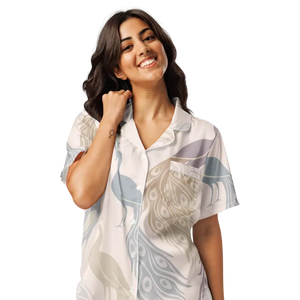 Short Sleeve Pajama Top Satin Peacock Print Luxury - Dipaliz - Clothing Tops