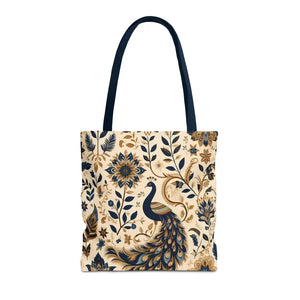 Bags - Peacock Aop Tote Bag with Chic Black Lining - Dipaliz 16’’ × / Navy