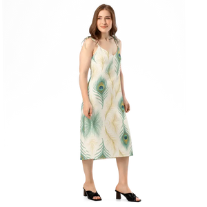 Peacock Feather Midi Dress with Built-in Bra - Dipaliz - Dresses