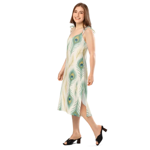 Peacock Feather Midi Dress with Built-in Bra - Dipaliz - Dresses