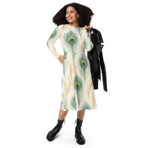 Flattering Long Sleeve Midi Dress Peacock Feathers Print - Dipaliz - Dresses