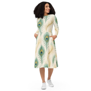 Flattering Long Sleeve Midi Dress Peacock Feathers Print - Dipaliz - 2xs - Dresses