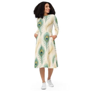 Peacock Feathers Sleeve Midi Dress – Flattering - Dipaliz - Dresses - Xs