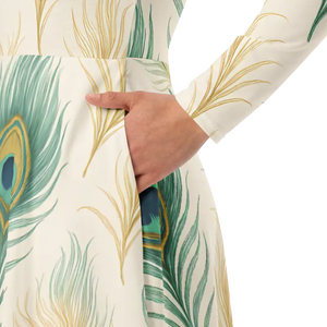 Flattering Long Sleeve Midi Dress Peacock Feathers Print - Dipaliz - Dresses