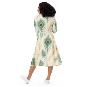 Flattering Long Sleeve Midi Dress Peacock Feathers Print - Dipaliz - Dresses