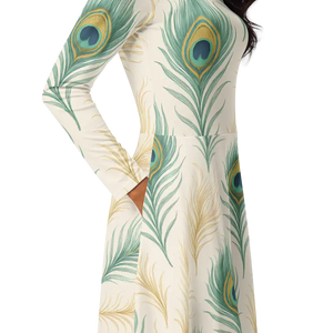Flattering Long Sleeve Midi Dress Peacock Feathers Print - Dipaliz - Dresses