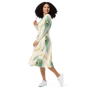 Flattering Long Sleeve Midi Dress Peacock Feathers Print - Dipaliz - Dresses