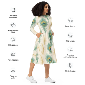 Peacock Feathers Sleeve Midi Dress – Flattering - Dipaliz - Dresses - Xs
