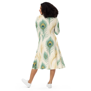 Peacock Feathers Sleeve Midi Dress – Flattering - Dipaliz - Dresses - Xs
