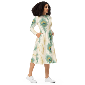Peacock Feathers Sleeve Midi Dress – Flattering - Dipaliz - Dresses - Xs