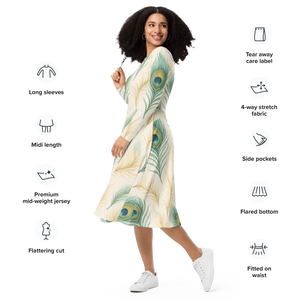 Peacock Feathers Sleeve Midi Dress – Flattering - Dipaliz - Dresses - Xs