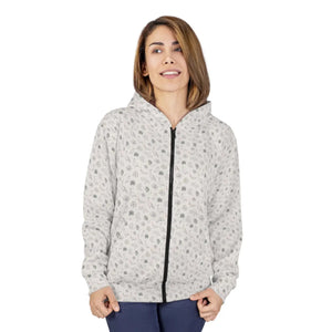 Women’s Minimal Ditsy Botanical and Peacock Owls Zip-up Hoodie | White Daisy Leaf Print Casual Sweatshirt Unisex Zip