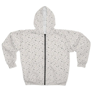 Women’s Minimal Ditsy Botanical and Peacock Owls Zip-up Hoodie | White Daisy Leaf Print Casual Sweatshirt Unisex Zip
