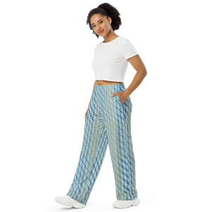 Wide Leg Pants - Blue Yellow Check Print Unisex - Dipaliz - Trousers