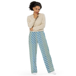 Wide Leg Pants - Blue Yellow Check Print Unisex - Dipaliz - Trousers