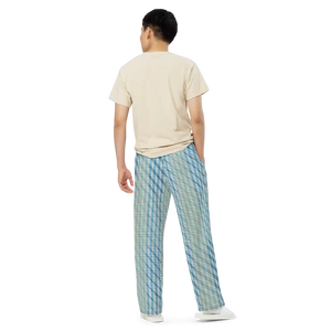 Wide Leg Pants - Blue Yellow Check Print Unisex - Dipaliz - Trousers