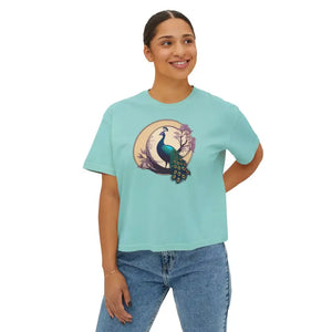 Peacock Womens Flowy Rolled Cuffs Boxy Tee - Dipaliz - Clothing Tops