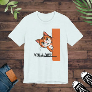 Cat Jersey Short Sleeve Tee Peek a Purr Comfort Style - Dipaliz - Heather Ice Blue / s - T-shirts