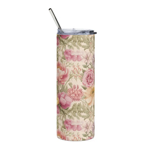 Personalized 20oz Floral Mom Tumbler, Vintage Rose Stainless Steel Travel Cup - Tumblers
