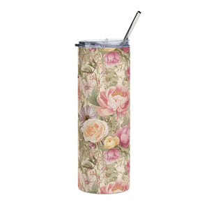 Personalized 20oz Floral Mom Tumbler, Vintage Rose Stainless Steel Travel Cup - Tumblers