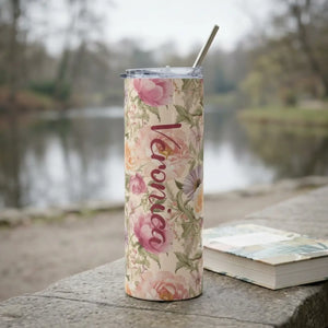 Personalized 20oz Floral Mom Tumbler, Vintage Rose Stainless Steel Travel Cup - Tumblers