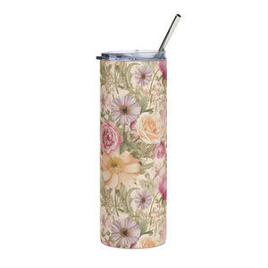 Personalized 20oz Floral Mom Tumbler, Vintage Rose Stainless Steel Travel Cup - Tumblers