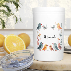 Personalized Bird Wreath 11oz Insulated Tumbler, Custom Name Travel Cup - Tumblers