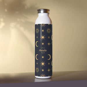 Personalized Celestial Slim Water Bottle, Navy Gold Moon & Stars Insulated - Bottles