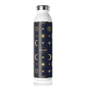 Personalized Celestial Slim Water Bottle, Navy Gold Moon & Stars Insulated - Bottles