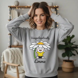 Personalized Crewneck Sweatshirt, ?Unapologetically Custom Name’ Daisy Cartoon - Sweatshirts - m