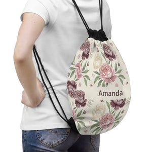 Personalized Floral Drawstring Bag - Custom Name Backpack for Yoga Gym or Daily use - Backpacks