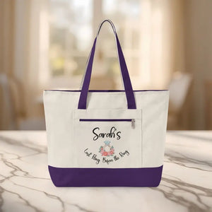 Bags - Personalized Floral Ring Canvas Tote with Custom Name - Dipaliz 18’’ x 14’’ 4.5’’ / Natural/purple
