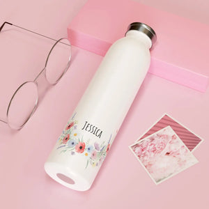 Personalized Floral Slim Water Bottle – Custom Name ?Jessica’ Elegant Pastel Bouquet Stainless Steel - 20oz / White - B