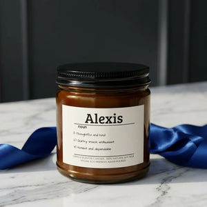Personalized Name Soy Candle - Custom Name Definition Jar (4oz & 9oz) - 4oz / Amber + Black Lid / Vanilla Bean - Home