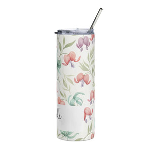 Personalized Peony Floral Tumbler 20oz | Custom Name Watercolor Flower Skinny Travel Cup Gift Stainless Steel - Tumblers