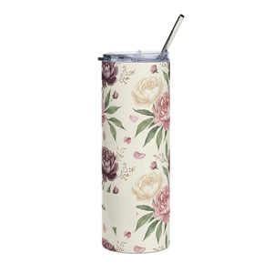 Personalized Peony Floral Tumbler 20oz | Custom Name Watercolor Flower Skinny Travel Cup Gift Stainless Steel - Tumblers